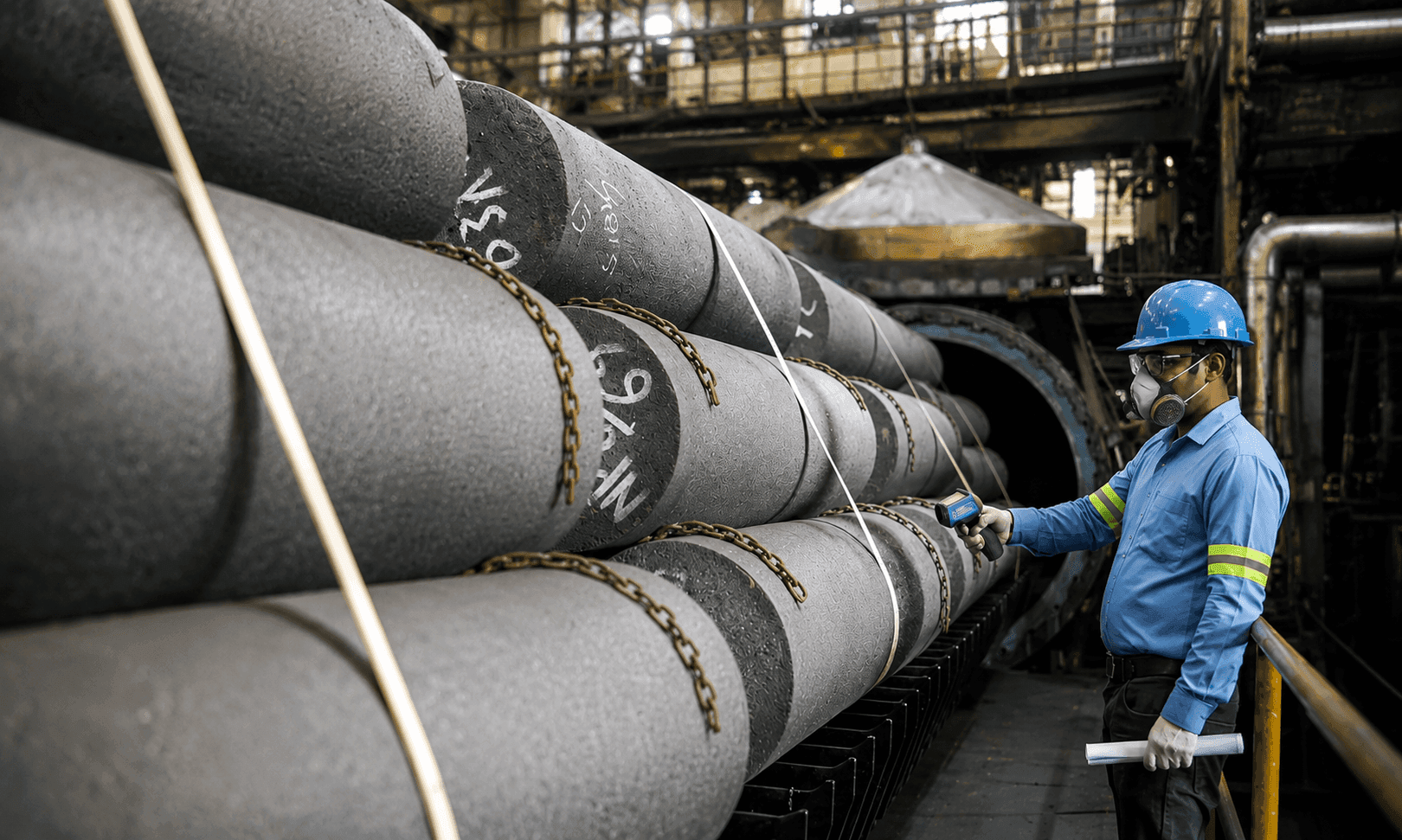 Engineer inspecting graphite electrodes on the graphitisation line