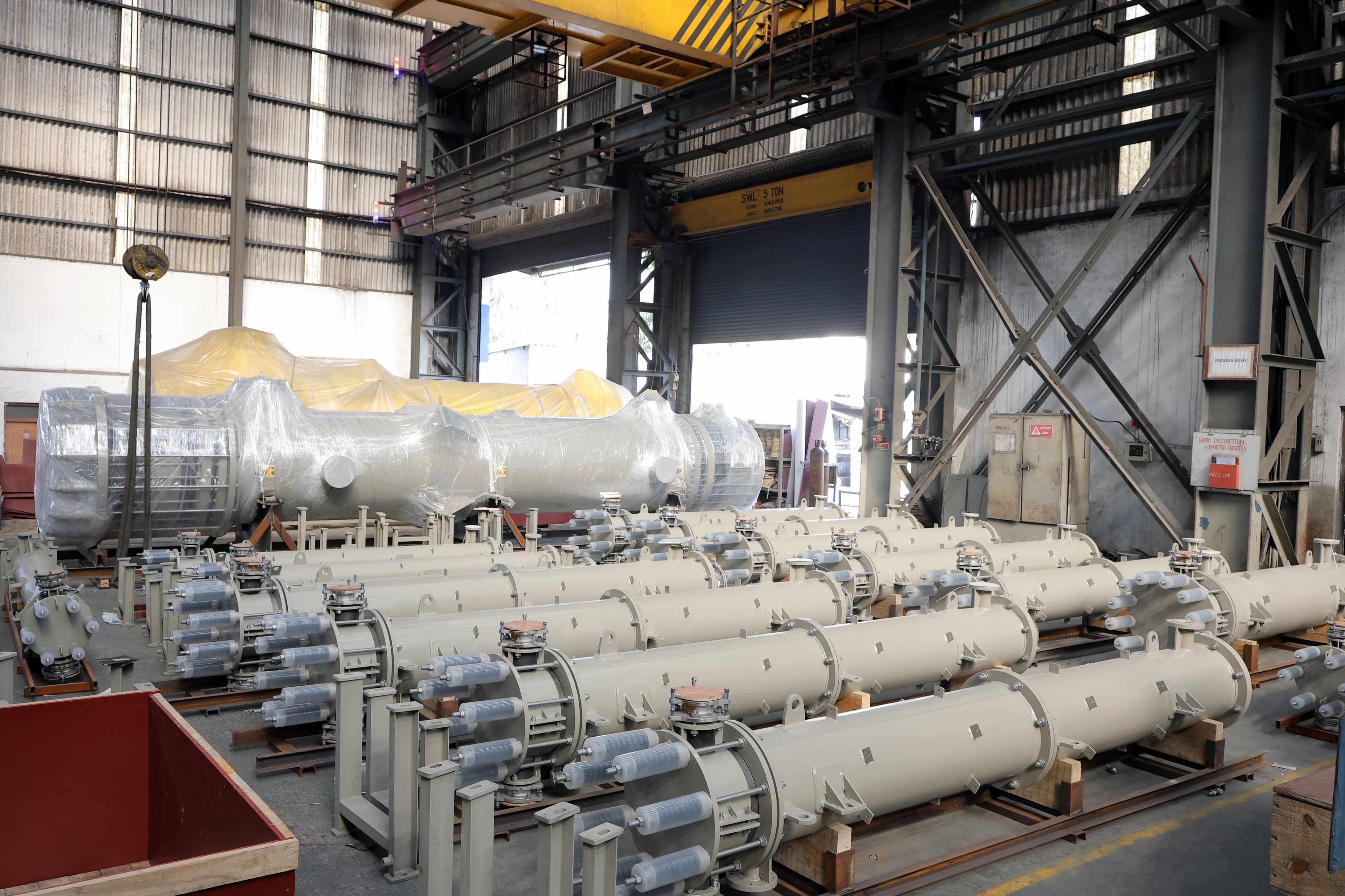 Rows of fabricated graphite equipment shells awaiting final assembly